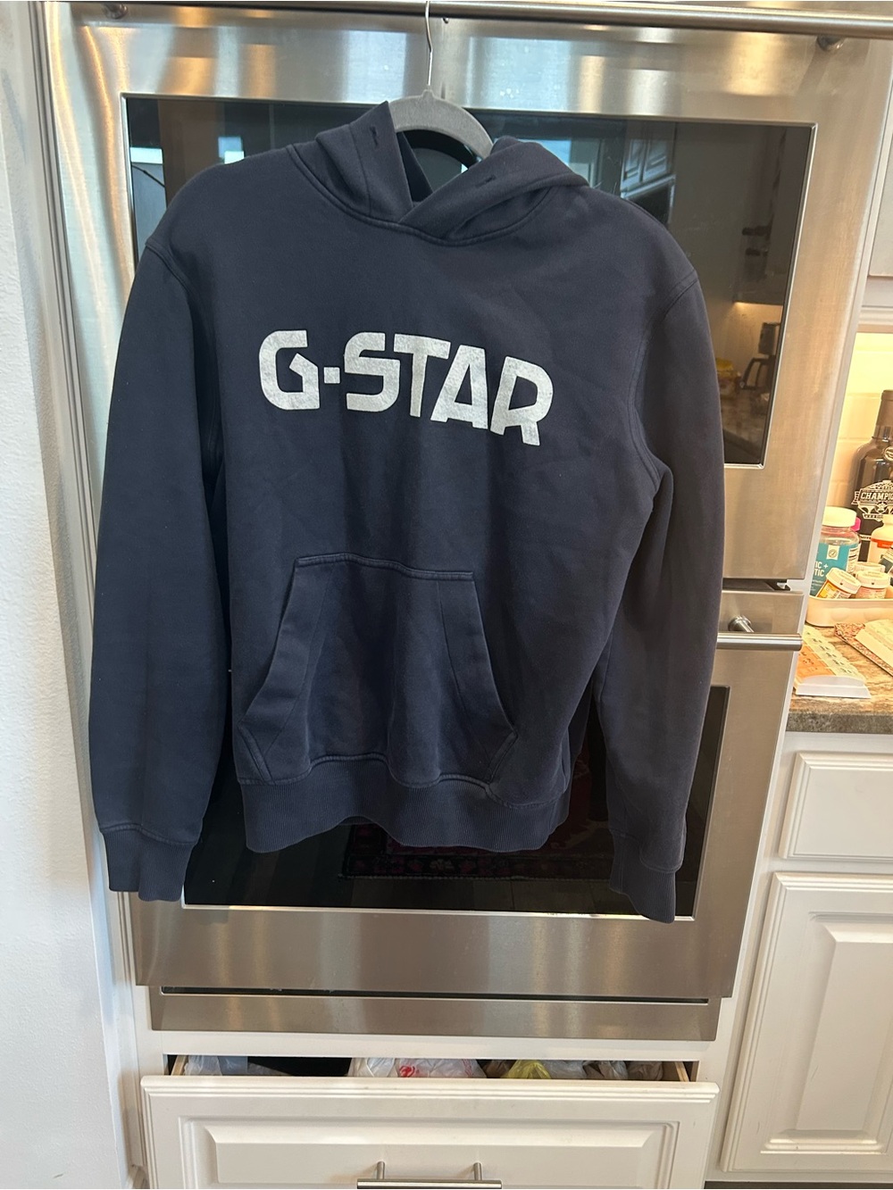 G-Star Raw Navy Blue Hoodie size M missing drawstring has stains wear